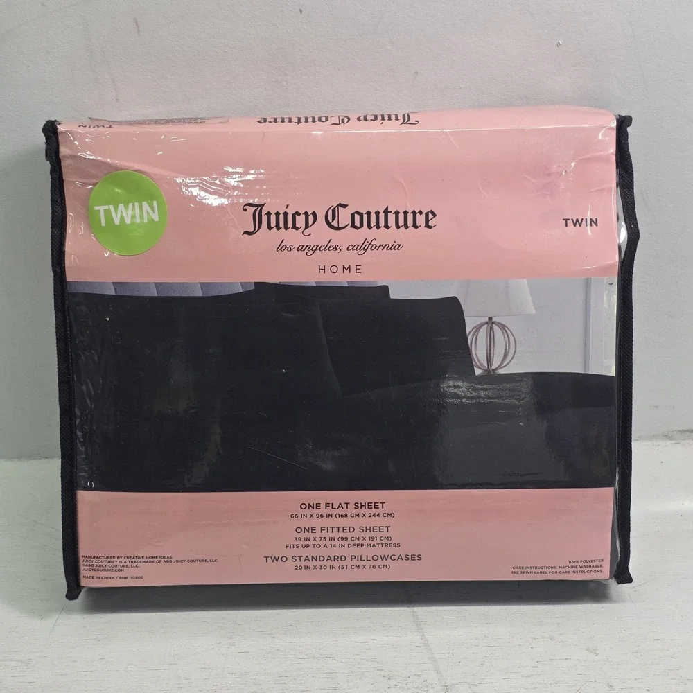 Juicy Couture Los Angeles California Home Bedroom Black Twin Sheet Set 4 Pc NOP